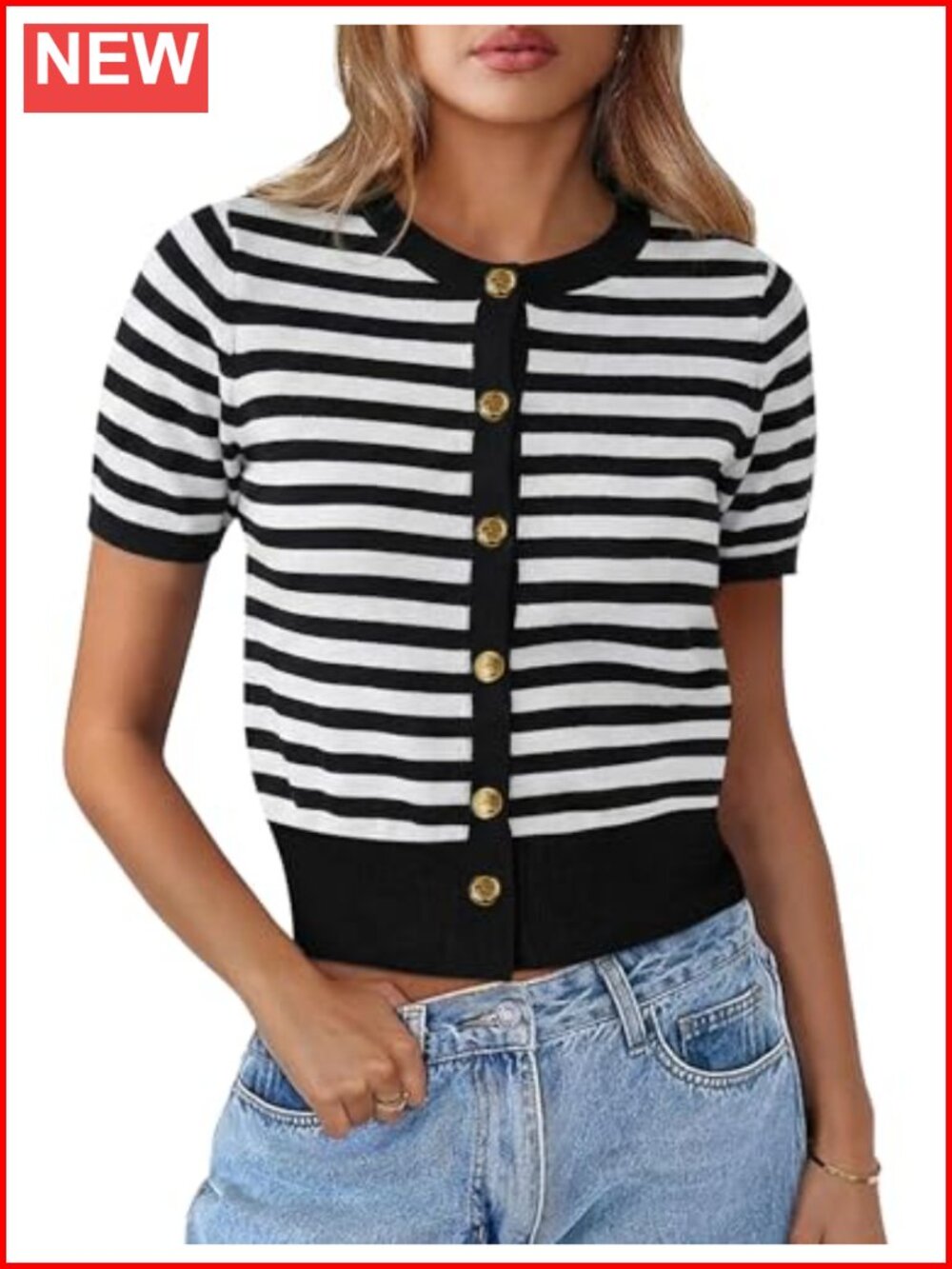 Womens Summer Short Sleeve Knit Cardigan Button Down Crew Neck Crop